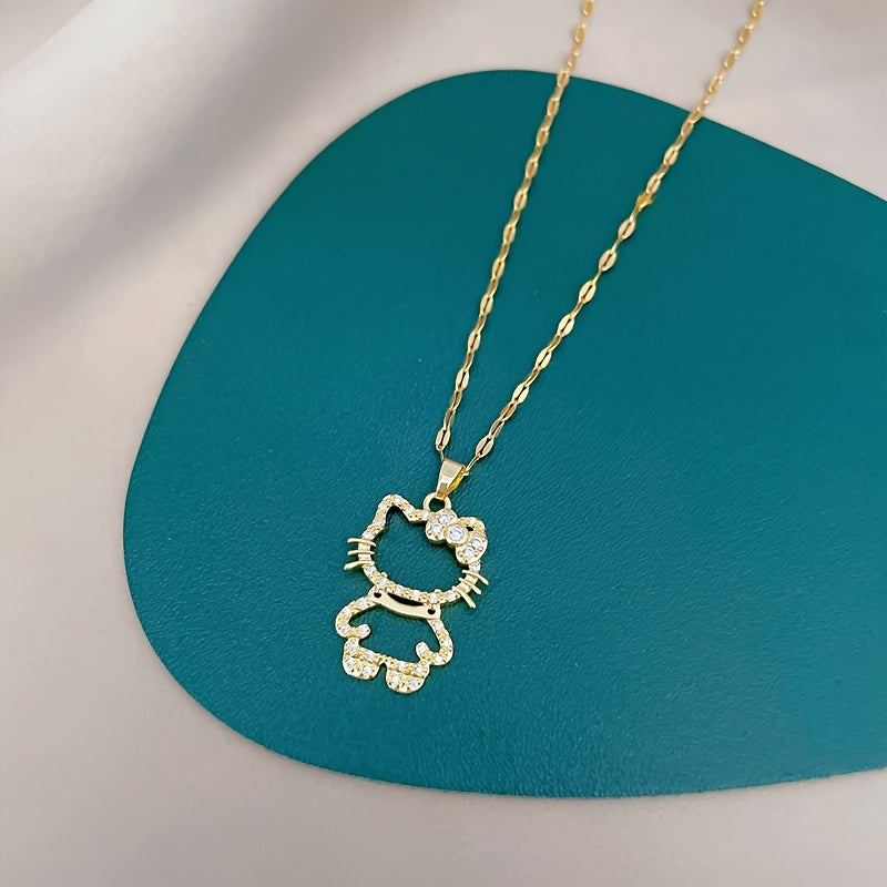 Elegant Sanrio Hello Kitty Golden Pendant Necklace - Chic Stainless Steel with Sparkling Synthetic Gems, Perfect for Weddings & Daily Wear, All-Season Versatile Clavicle Chain